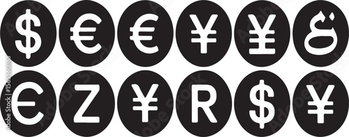 Diverse currency symbols displayed on black circular backgrounds dollar euro
