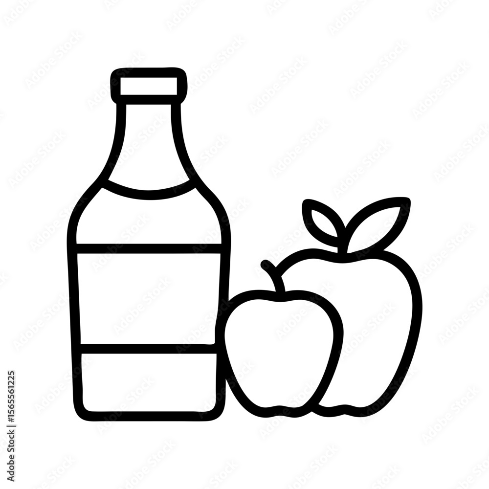 Outline Drawing of Apple Juice Bottle with Two Apples Composition Outline Drawing of Apple Juice Bottle with Two Apples Composition