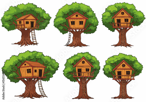 Collection of cartoon treehouses built on large trees with lush green leaves, isolated on a white background