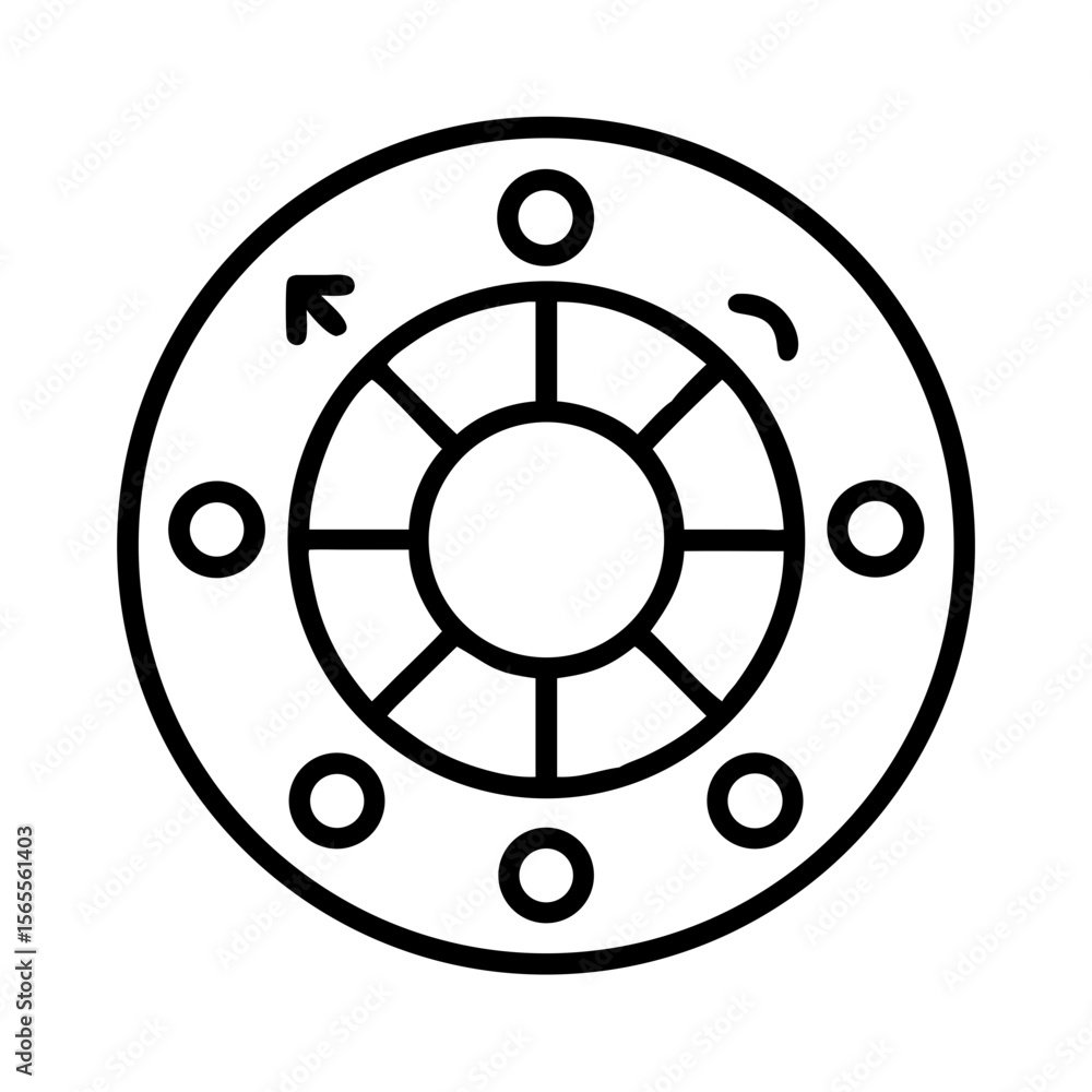 Obraz premium Simplified black and white illustration of a circular device with navigation symbols