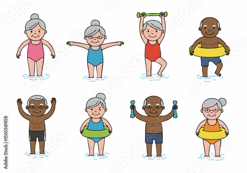 Set of diverse senior citizens performing water aerobics and fitness exercises in a pool, isolated cartoon illustration.