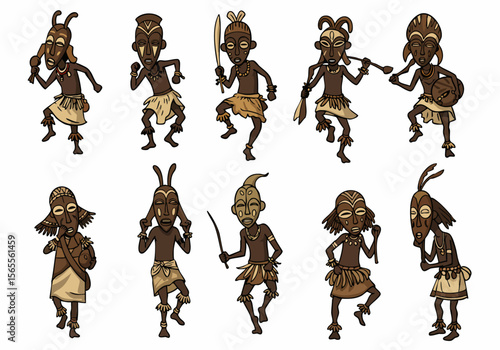 Collection of Masked Tribal Figures in Various Dynamic Dance Poses on White Background