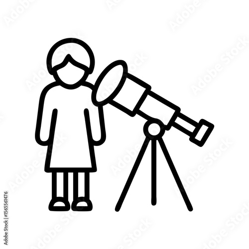 Minimalistic depiction of a young astronomer with her telescope for stargazing