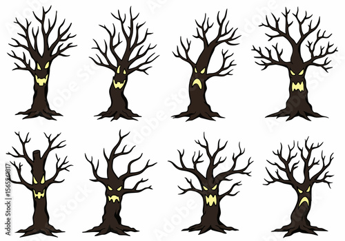 Set of spooky Halloween bare trees with scary carved faces, isolated cartoon vector illustrations for autumn season and holiday designs.