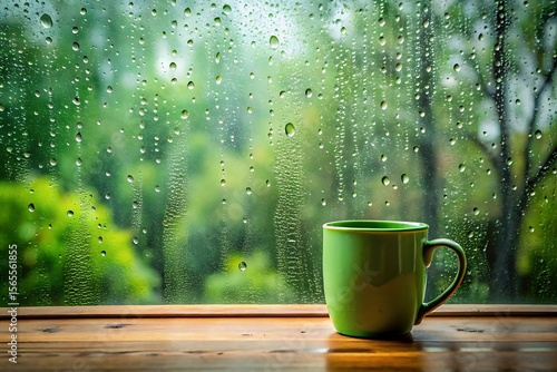 A green mug sits on a wooden table during a rainy day