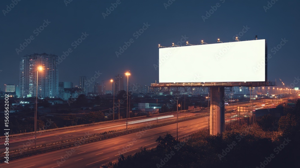 Blank white billboard on the background of the highway at evening, mock up, no logos, no brands Blank white billboard on the background of the highway at evening, mock up, no logos, no brands