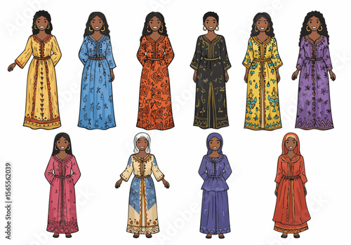 Collection of Diverse Women in Traditional Middle Eastern and African Dresses with Intricate Patterns