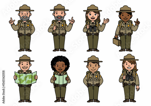 Diverse group of cartoon park rangers standing together, some with maps, binoculars, and bags, representing nature guides and conservation professionals.