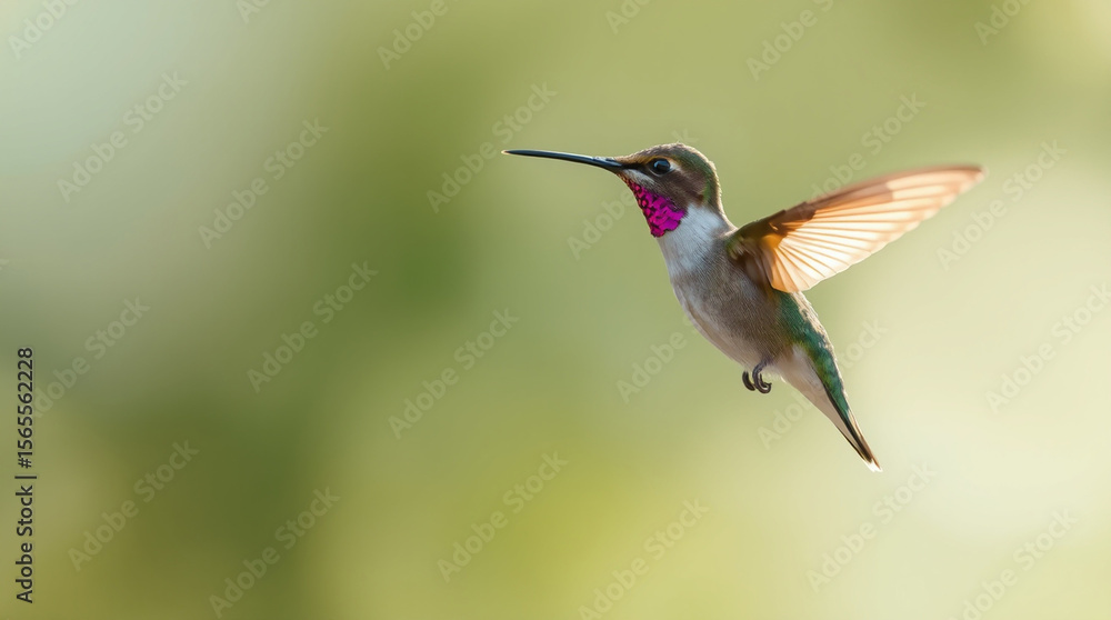 Naklejka premium A hummingbird in soft cinematic haze, soft focus and hazy background creating a dreamy atmosphere