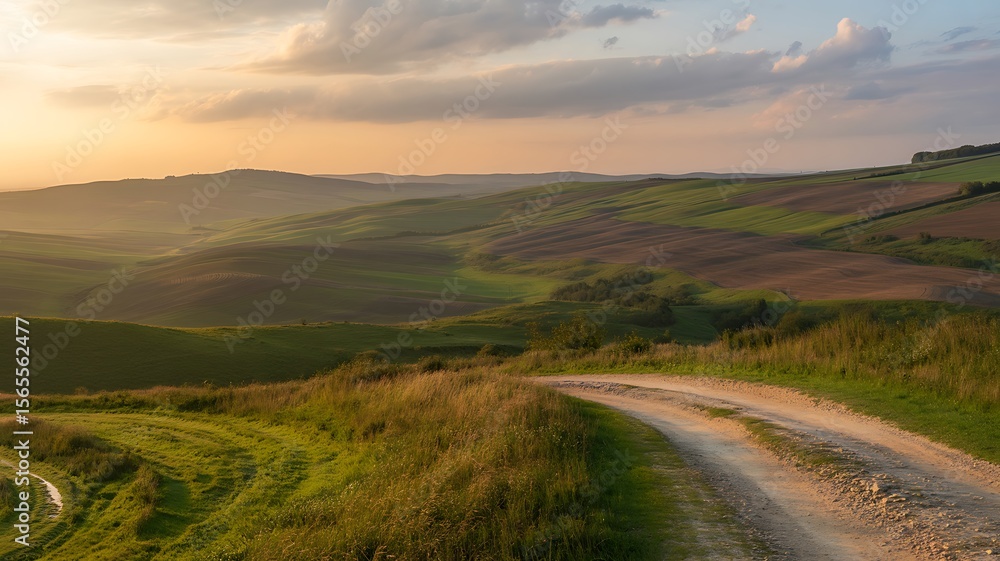 Fototapeta premium Rolling green hills golden hour dirt road rolling hills