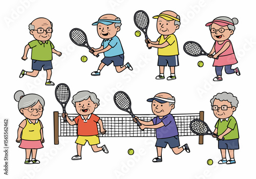 Cartoon illustration set of active elderly people playing tennis, depicting healthy aging and senior fitness and recreation.