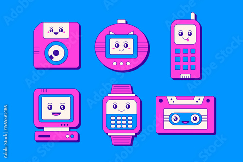 Retro Gadgets 90s Technology in Cute Cartoon Style