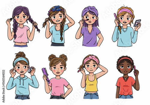 Cartoon diverse girls doing beauty and hair routines, self-care illustrations set on white background