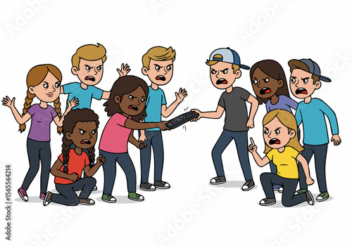 Angry children fighting over the television remote control, illustrating a conflict or power struggle in a household setting.