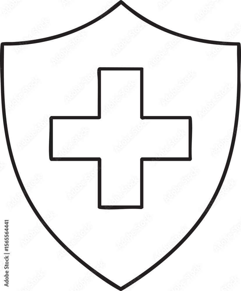 Fototapeta premium Simple Black and White Shield with Plus Sign for Health Protection and Security Concepts black white
