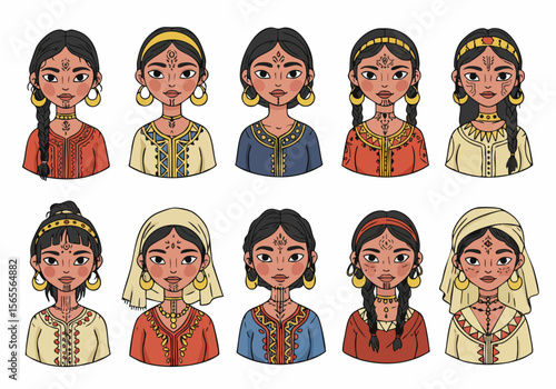 Set of diverse illustrations featuring Berber women from North Africa, showcasing traditional clothing, jewelry, and distinctive facial markings.