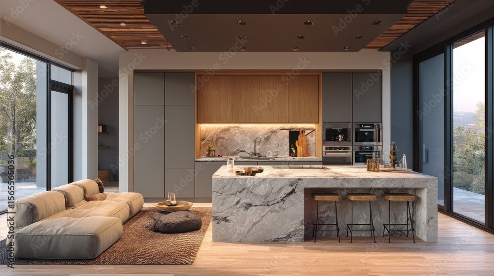 custom made wallpaper toronto digitalModern kitchen interior with island, cabinets, and a couch.