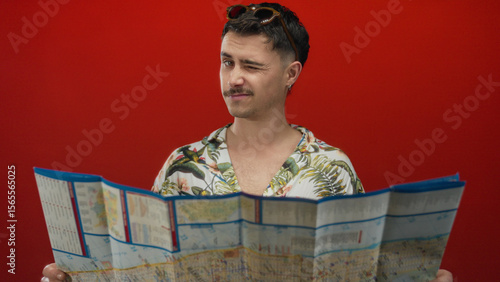 Fényképezés Young man reading a map against a vibrant red wall, wearing a floral shirt and sunglasses, embodying a relaxed tourist vibe with an isolated focal point
