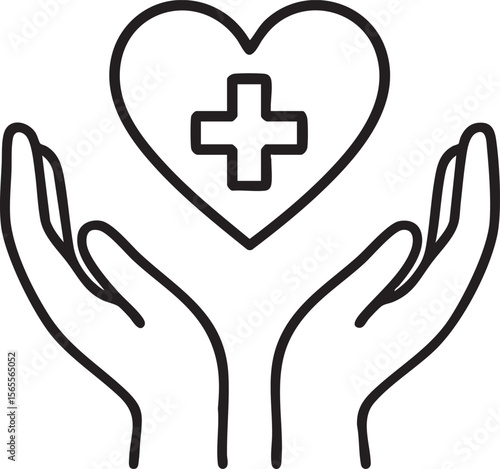 Hands Holding Heart with Medical Cross A Symbol of Care Health and Well being Illustration Outlined