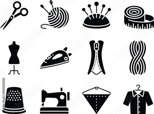 Collection of sewing and tailoring icons in black silhouette on white background