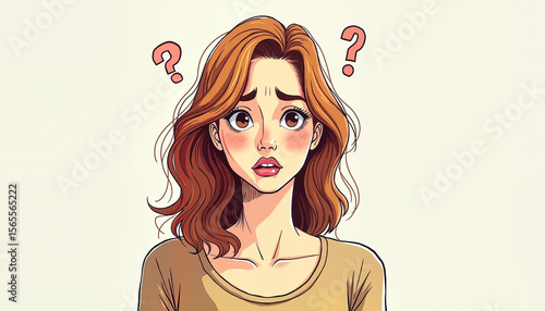 Confused woman expressing uncertainty with question marks background