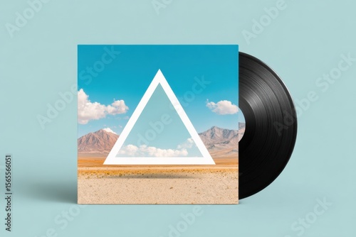 Vinyl record mock up featuring a geometric triangle design against a vibrant blue sky with clouds and desert landscape, ideal for music or art projects