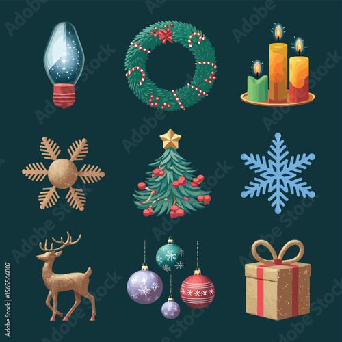 vector Happy New Year Celebrating 2025 in Latin letters , Christmas Decoration Items Santa Claus

