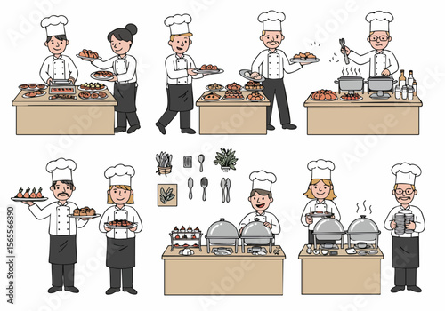 Cartoon chefs serving food at a buffet catering event illustration