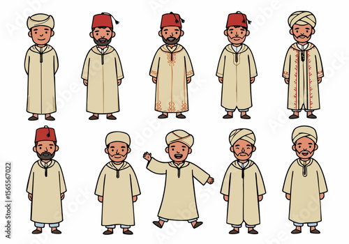 Set of cartoon men characters wearing traditional Moroccan clothing, including djellabas, fezzes, and turbans, representing cultural diversity.