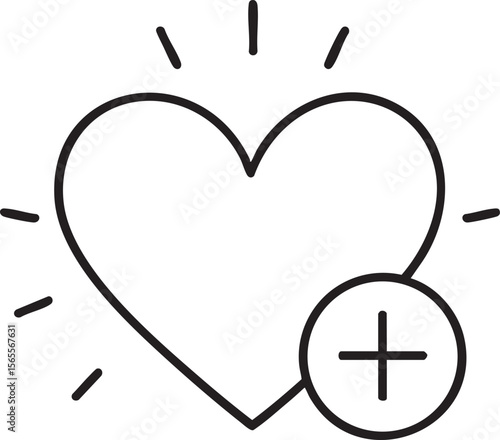 Heart Icon with Plus Sign and Radiating Lines Symbolizing Addition Growth and Positive Reinforcement in a Minimalist Design