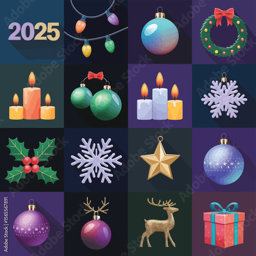 vector Happy New Year Celebrating 2025 in Latin letters , Christmas Decoration Items Santa Claus
