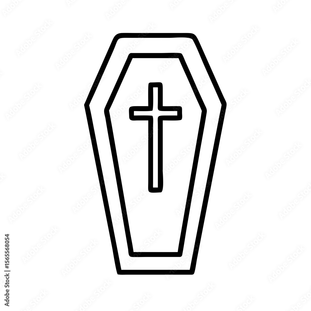 Obraz premium Simple Black and White Line Art of a Coffin with a Cross