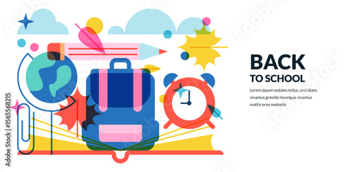 Vector geometric illustration of book, backpack, alarm clock, globe, autumn leaves. Back to school banner, poster design