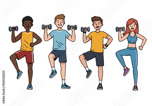 Cartoon Illustration of Diverse Group of People Exercising with Dumbbells