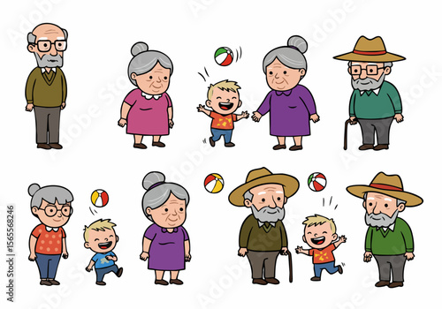 Happy cartoon grandparents and grandson playing with a ball, depicting family connection and joyful generations interacting.