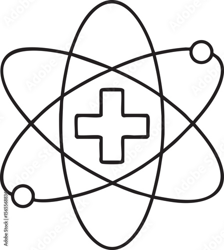 Medical Science Atom Symbol Representing Healthcare and Medicine with Orbiting Elements and a Central Plus Sign