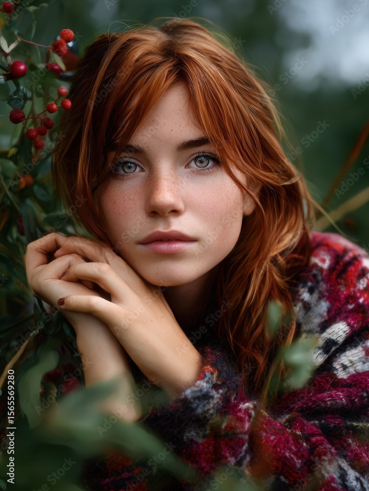 Naklejka premium Close-up of a young red-haired woman with blue eyes lying in greenery, outdoors, vibrant fall colors, serene expression