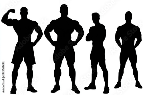 Set man people silhouettes Muscular male figures in fitness poses sharp full black silhouettes isolated on white background