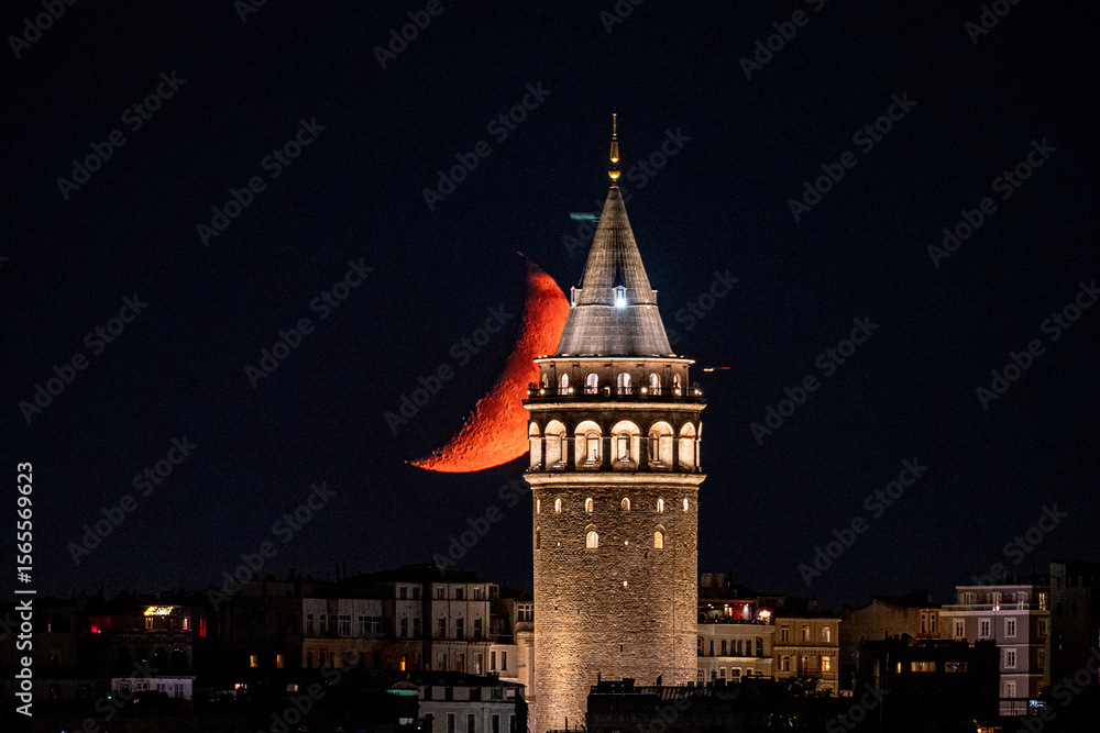 Fototapeta premium Magnificent view of Galata Tower with the Half Moon.istanbul Türkiye