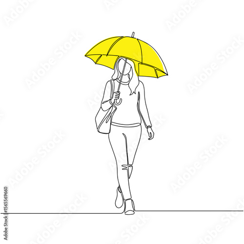 Woman walking with a yellow umbrella in minimalist line art style  