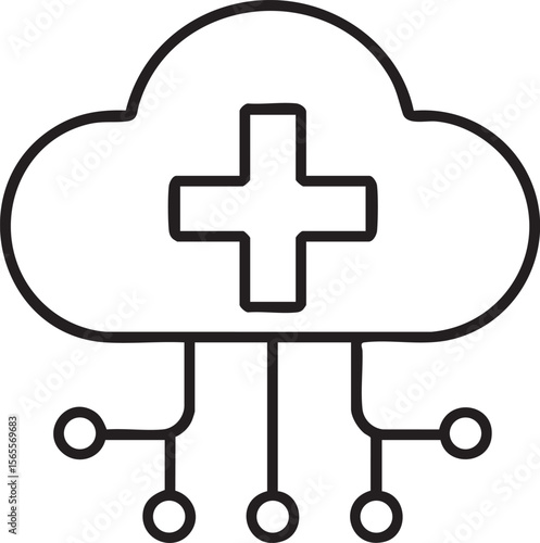 Medical Cloud Computing Icon Digital Healthcare Technology with Cross Symbol and Connection Nodes Outline Style for Modern Design