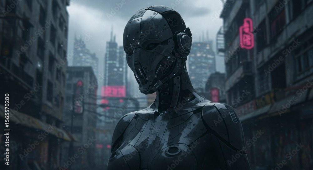 Futuristic female robot in urban setting Futuristic female robot in urban setting