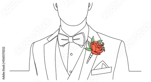 Line art illustration of a man in a tuxedo with a rose boutonniere  