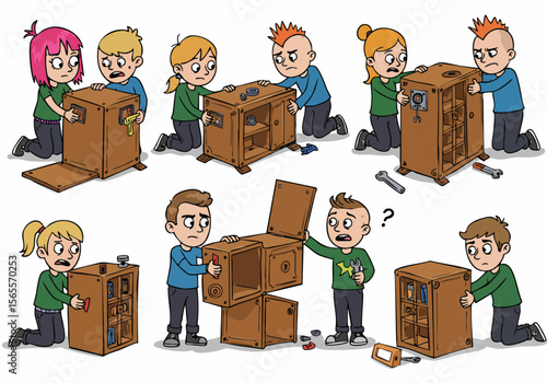 Kids building complex structures, facing challenges, confusion, and teamwork while assembling wooden boxes with tools on a white background.
