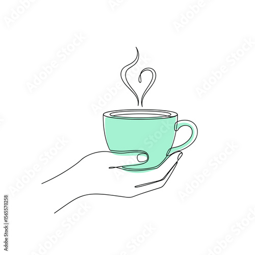 Hand holding teal coffee cup with steam illustration  