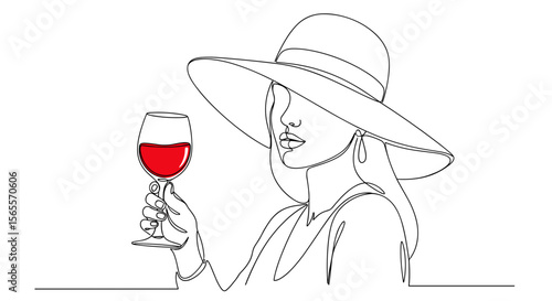 Woman holding a glass of red wine wearing a wide-brim hat  