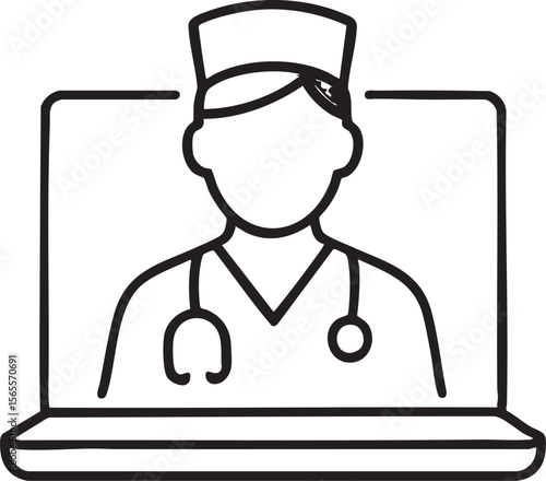 Online Doctor Consultation Outline Icon Telemedicine Healthcare Professional on Laptop Screen Virtual Medical Appointment Digital Health