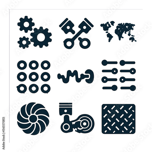 Mechanical Icon Grid. Solid, filled icons set of mechanical patterns: gear mesh, piston loop, cogwheel map,