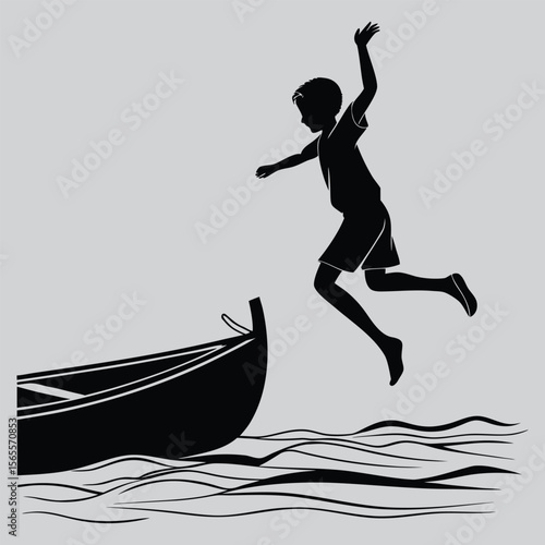 Boy Jumping from Boat into River silhouette vector design art and illustration