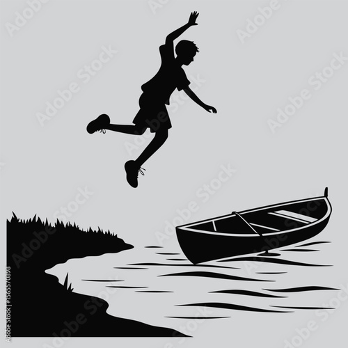 Boy Jumping from Boat into River silhouette vector design art and illustration